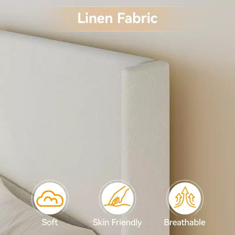 Tête de lit capitonnée à oreilles pour lit plateforme Queen Size - 140 cm de haut, lattes en bois massif, sommier tapissier non requis, base anti-bruit