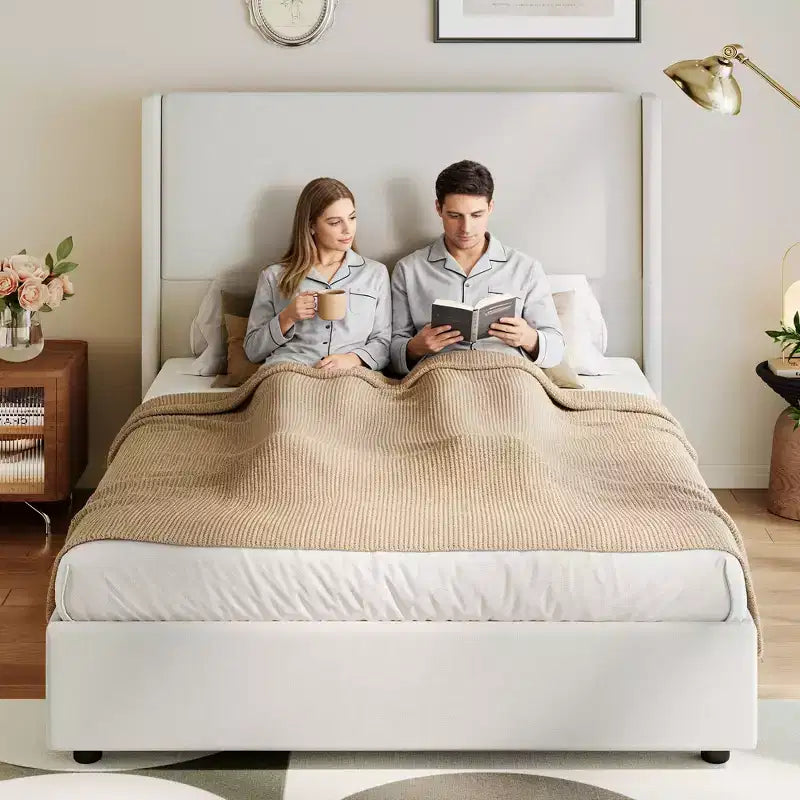 Tête de lit capitonnée à oreilles pour lit plateforme Queen Size - 140 cm de haut, lattes en bois massif, sommier tapissier non requis, base anti-bruit