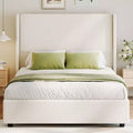 Dyonery Queen Size Wingback Headboard Upholstered Platform Bed - 55.5 Tall, Solid Wooden Slats, No Box Spring Needed, Noise-Free Foundation