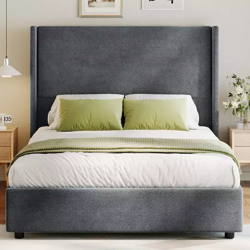 Tête de lit capitonnée à oreilles pour lit plateforme Queen Size - 140 cm de haut, lattes en bois massif, sommier tapissier non requis, base anti-bruit