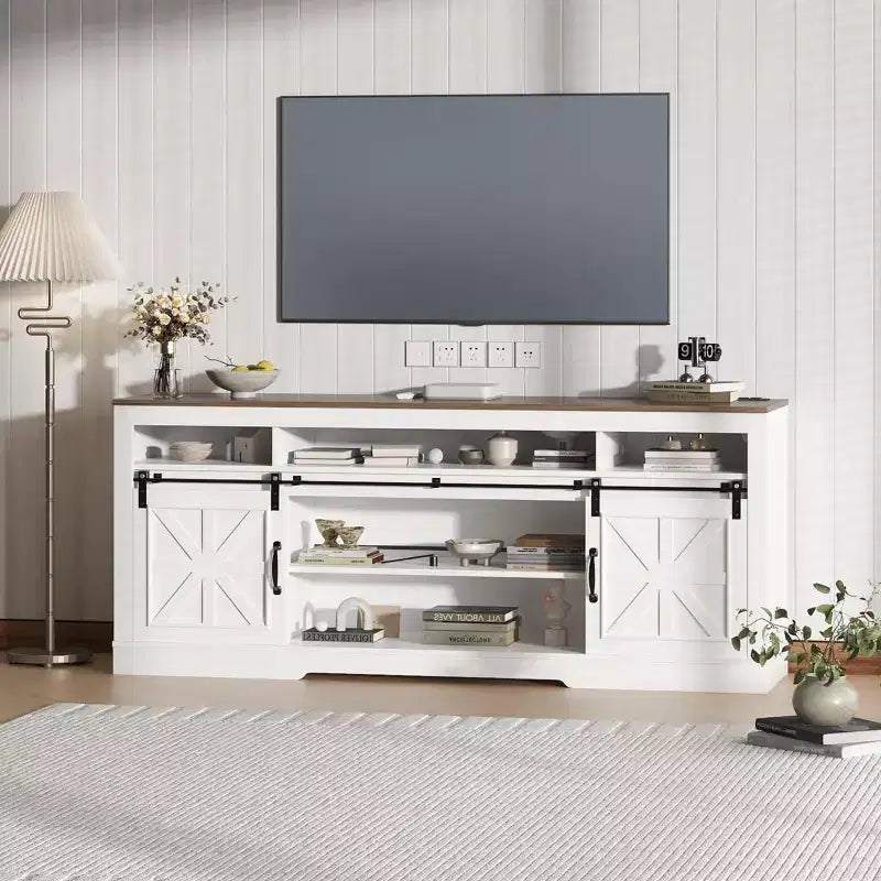 Meuble TV de ferme de 168 cm pour téléviseurs de 75 pouces, console de divertissement avec portes de grange, étagère réglable et rangement semi-ouvert pour salon