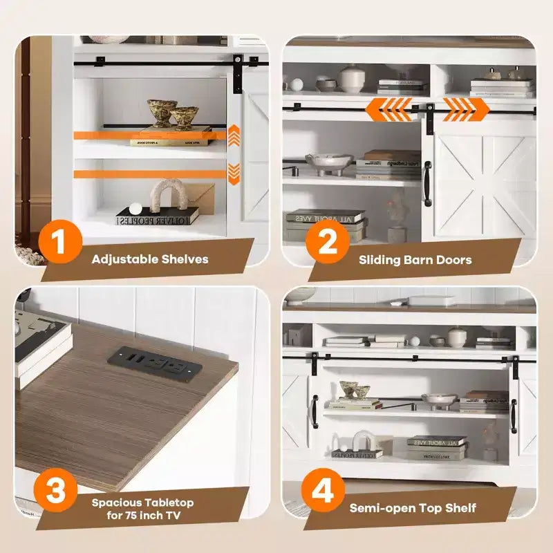 Meuble TV de ferme de 168 cm pour téléviseurs de 75 pouces, console de divertissement avec portes de grange, étagère réglable et rangement semi-ouvert pour salon