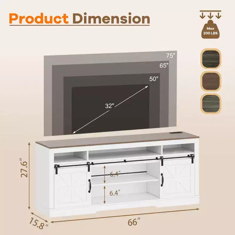 Meuble TV de ferme de 168 cm pour téléviseurs de 75 pouces, console de divertissement avec portes de grange, étagère réglable et rangement semi-ouvert pour salon