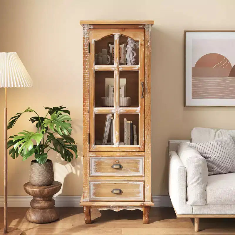 Meuble de rangement en bois massif Brimley avec porte décorative découpée et 2 tiroirs