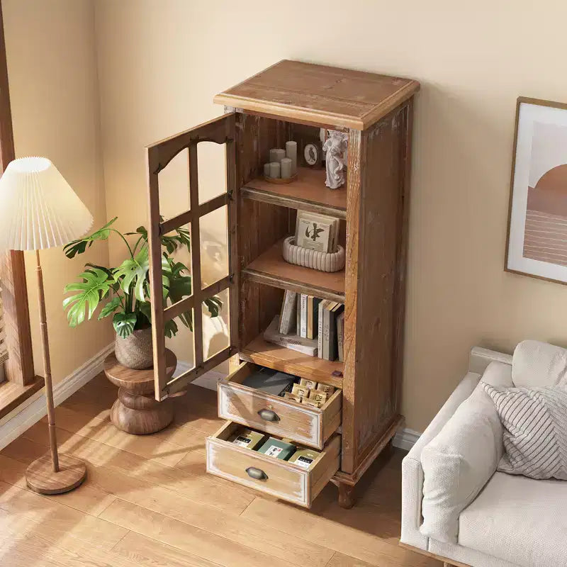 Meuble de rangement en bois massif Brimley avec porte décorative découpée et 2 tiroirs