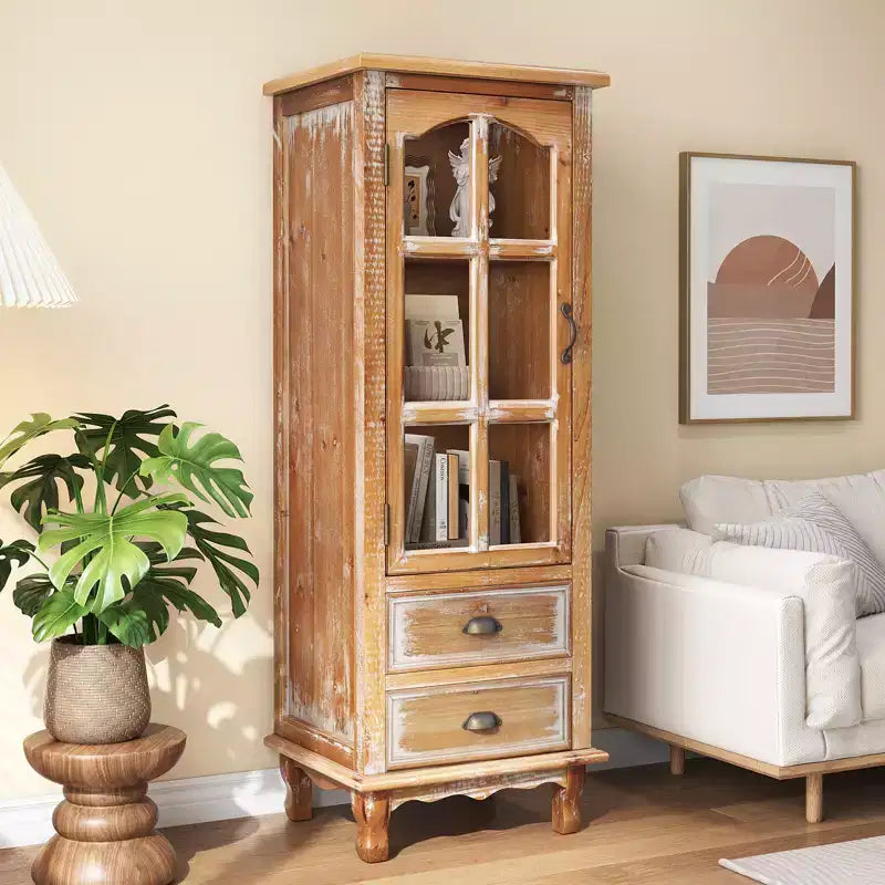 Meuble de rangement en bois massif Brimley avec porte décorative découpée et 2 tiroirs