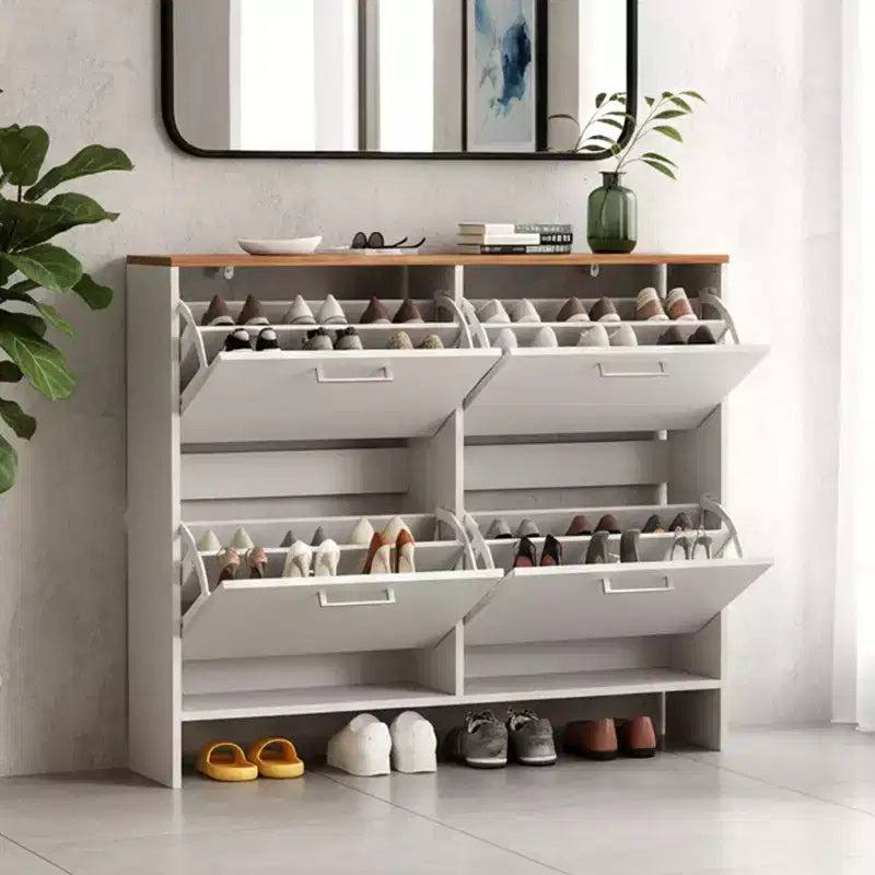 Meuble à chaussures à dessus plat avec 4 tiroirs basculants et poignées en métal argenté, 42" de large