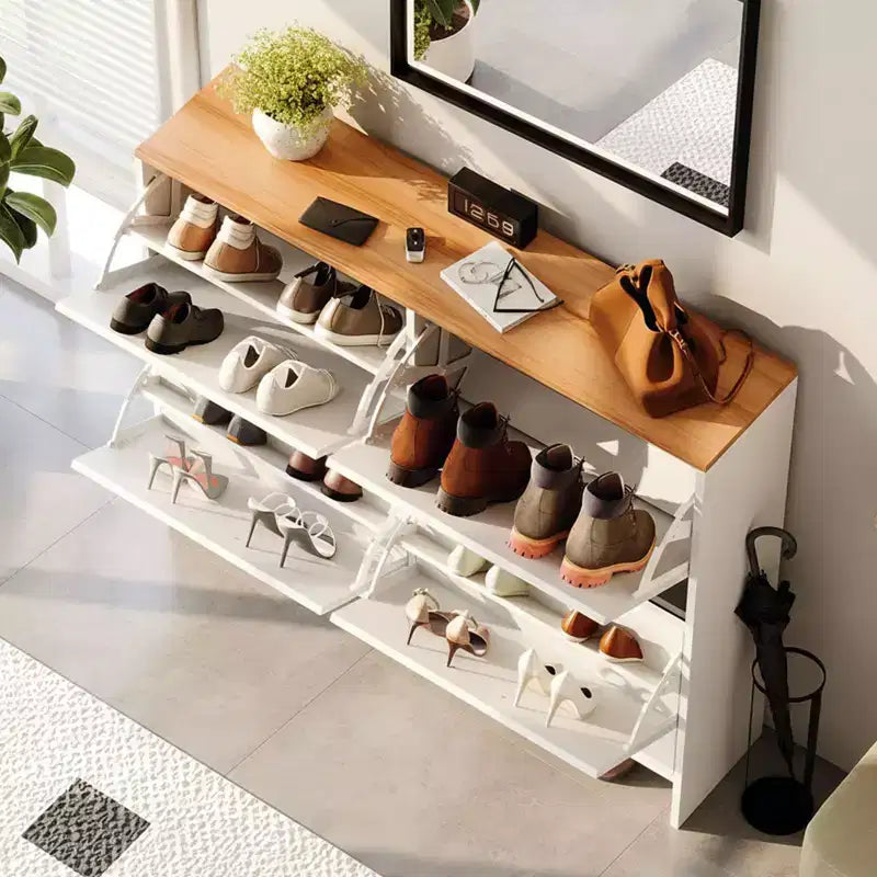Meuble à chaussures à dessus plat avec 4 tiroirs basculants et poignées en métal argenté, 42" de large