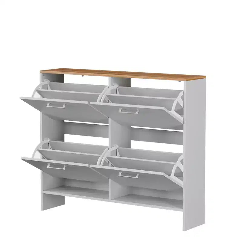 Meuble à chaussures à dessus plat avec 4 tiroirs basculants et poignées en métal argenté, 42" de large