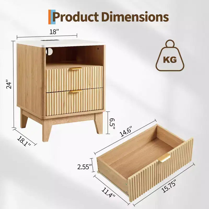 Table de chevet avec station de charge, table de nuit 2 tiroirs avec USB-C, prises AC, étagère ouverte et rangement pour chambre à coucher