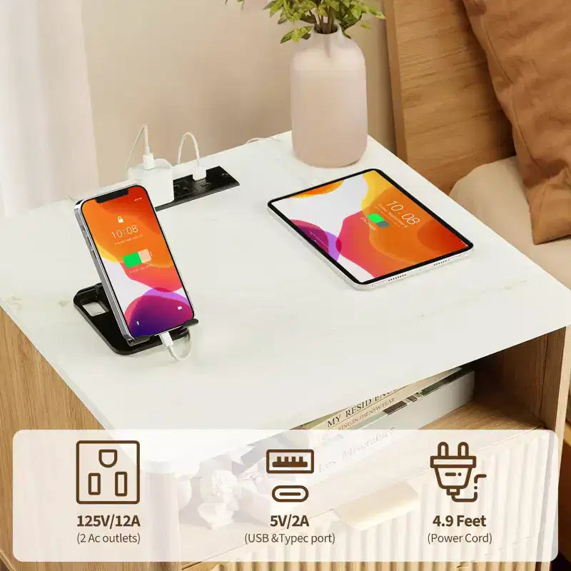Table de chevet avec station de charge, table de nuit 2 tiroirs avec USB-C, prises AC, étagère ouverte et rangement pour chambre à coucher