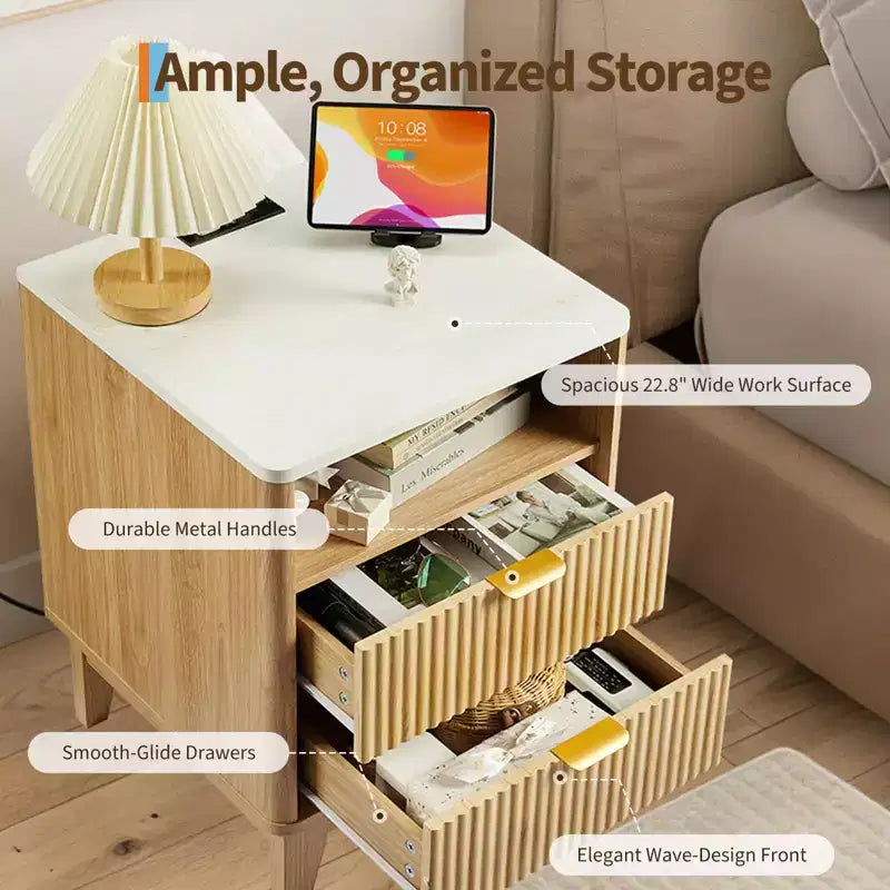 Table de chevet avec station de charge, table de nuit 2 tiroirs avec USB-C, prises AC, étagère ouverte et rangement pour chambre à coucher