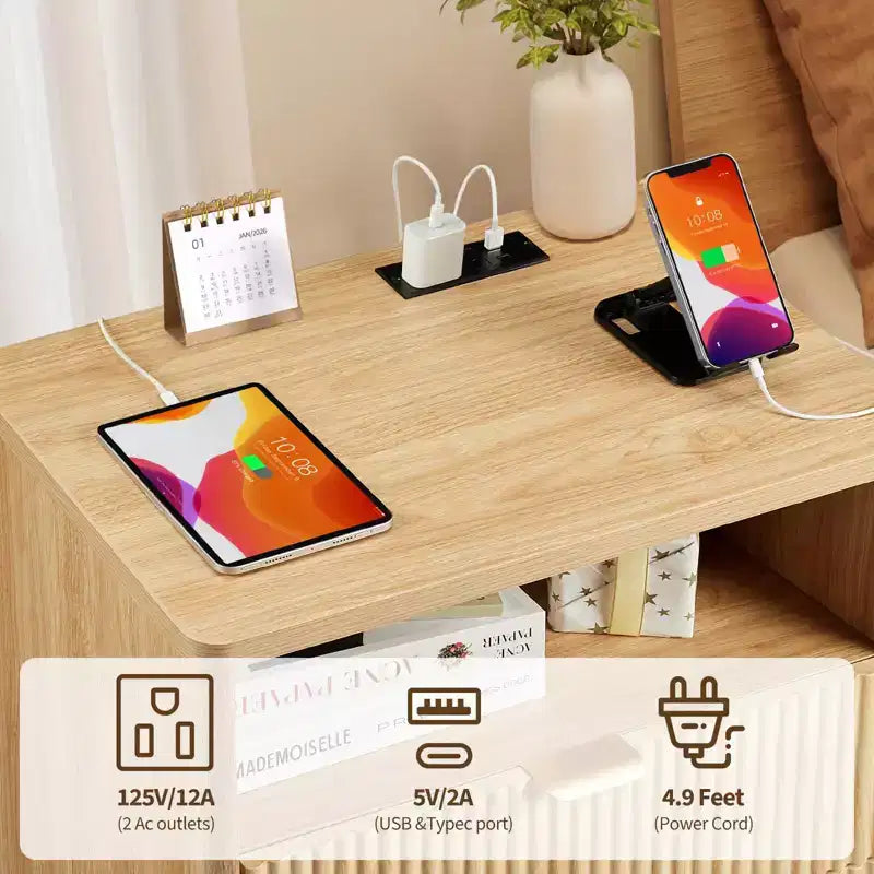 Table de chevet avec station de charge, table de nuit 2 tiroirs avec USB-C, prises AC, étagère ouverte et rangement pour chambre à coucher