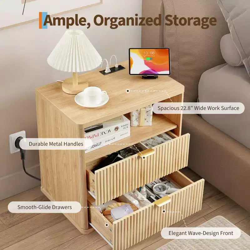 Table de chevet avec station de charge, table de nuit 2 tiroirs avec USB-C, prises AC, étagère ouverte et rangement pour chambre à coucher