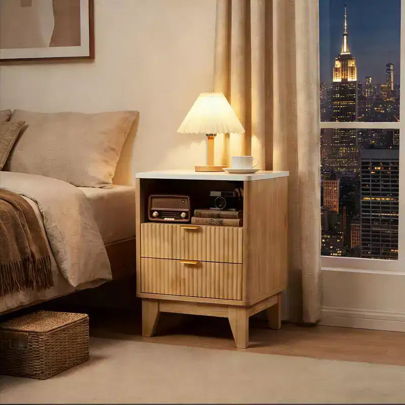 Table de chevet avec station de charge, table de nuit 2 tiroirs avec USB-C, prises AC, étagère ouverte et rangement pour chambre à coucher