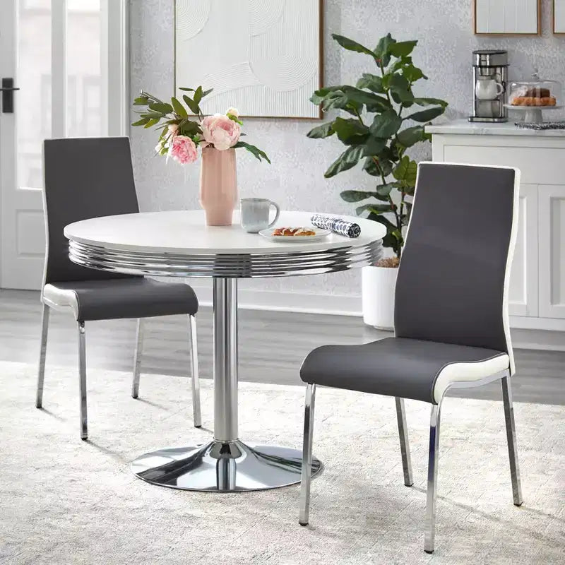 Table de salle à manger rétro Torrance avec sièges de chaise rembourrés et dossiers hauts Blanc/Fini chrome/Gris