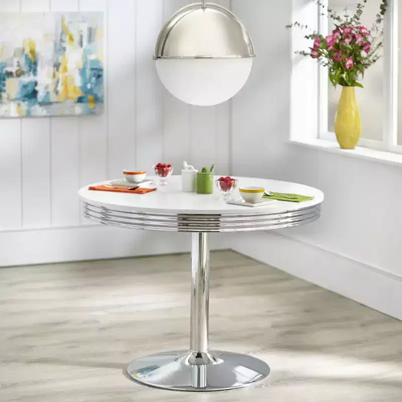 Table de salle à manger rétro Torrance avec sièges de chaise rembourrés et dossiers hauts Blanc/Fini chrome/Gris