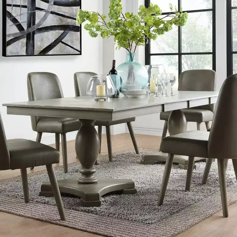 Table de salle à manger Waylon chêne gris 152-244 cm : Table de cuisine pour 6 personnes, double piédestal