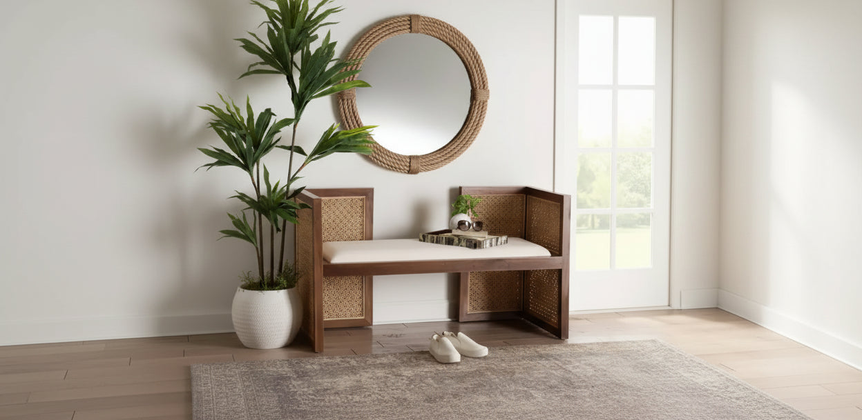 Banc d'appoint Lovina en rotin et bois d'acacia Miel clair/Marron clair