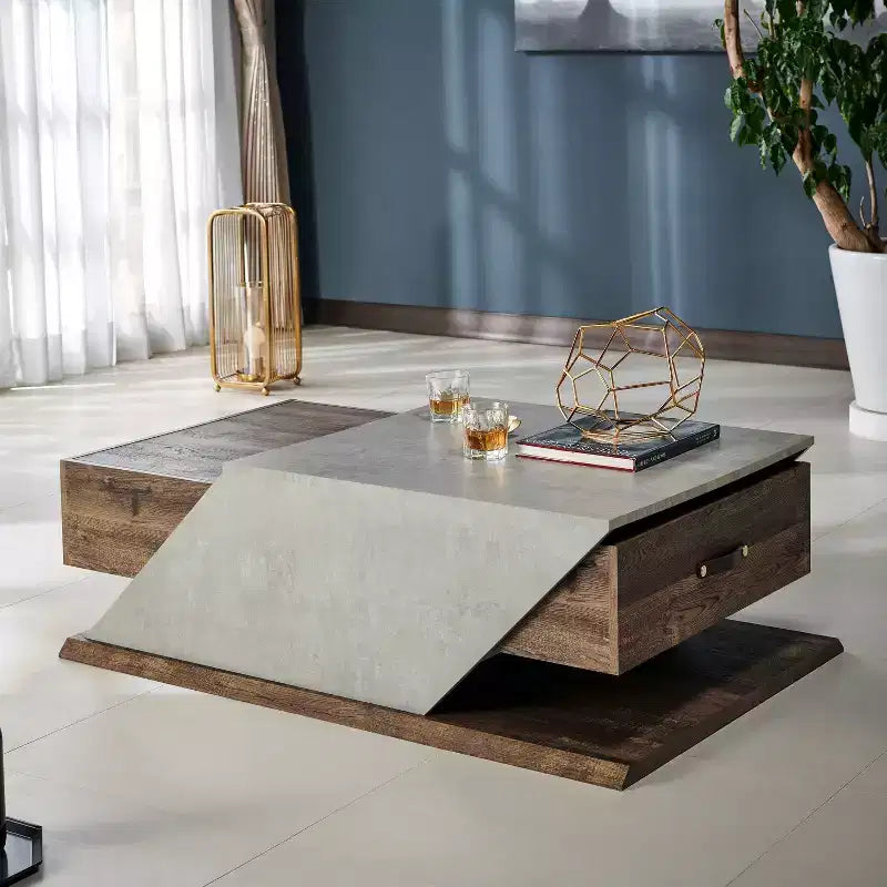 Table basse relevable Antero Chêne recyclé : Style industriel, Compartiment de rangement, MDF
