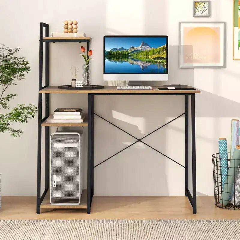 Bureau à domicile avec étagère, support hôte, cadre en métal, bureau d'étude et d'écriture