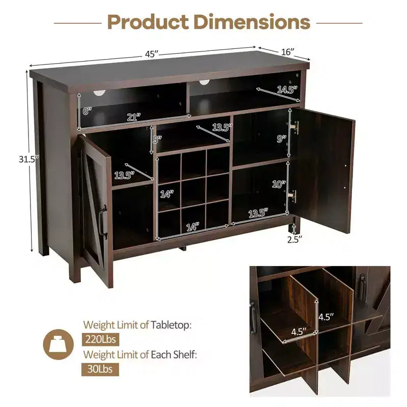 Meuble de Rangement Buffet Style Ferme avec Casier à Vin 9 Bouteilles et 2 Portes