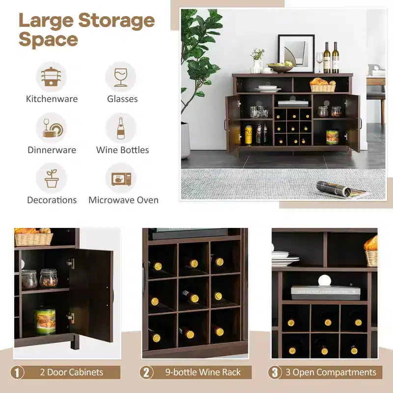 Meuble de Rangement Buffet Style Ferme avec Casier à Vin 9 Bouteilles et 2 Portes