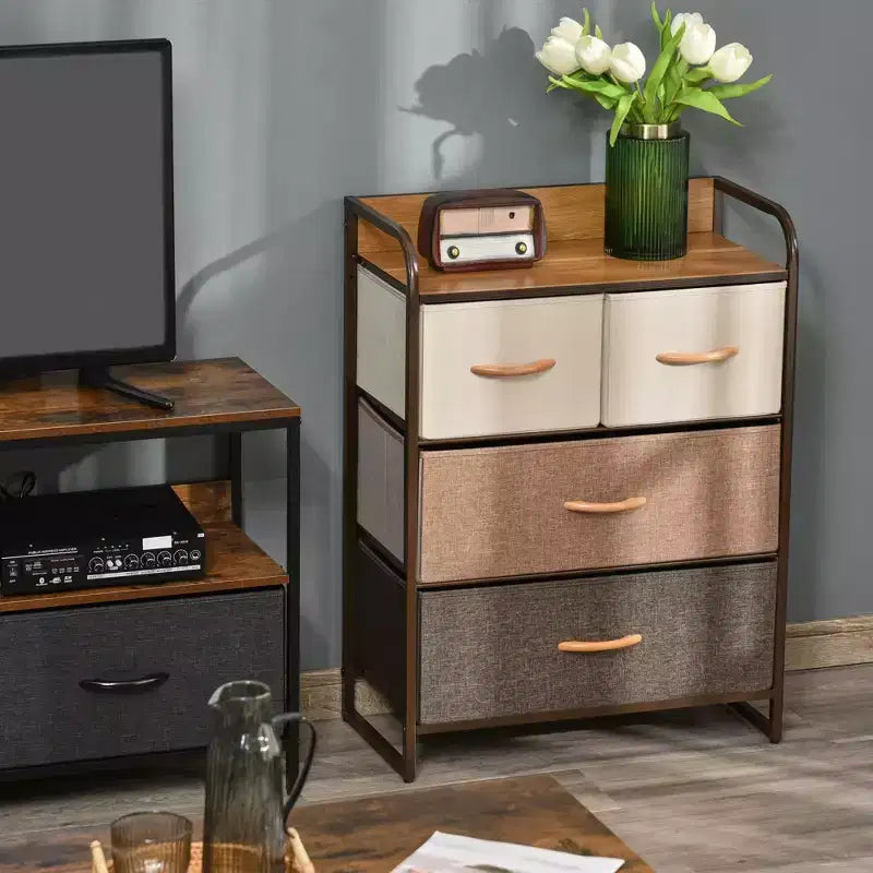 Commode à 4 tiroirs, tour de rangement à 3 niveaux avec cadre en acier pour chambre à coucher, chambre d'enfant, multicolore
