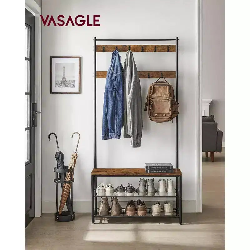 Porte-manteau, Meuble d'entrée avec banc à chaussures, Banc de rangement à chaussures, 3-en-1, Cadre en acier, Marron rustique et noir