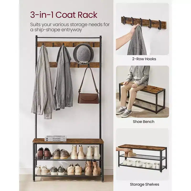 Porte-manteau, Meuble d'entrée avec banc à chaussures, Banc de rangement à chaussures, 3-en-1, Cadre en acier, Marron rustique et noir
