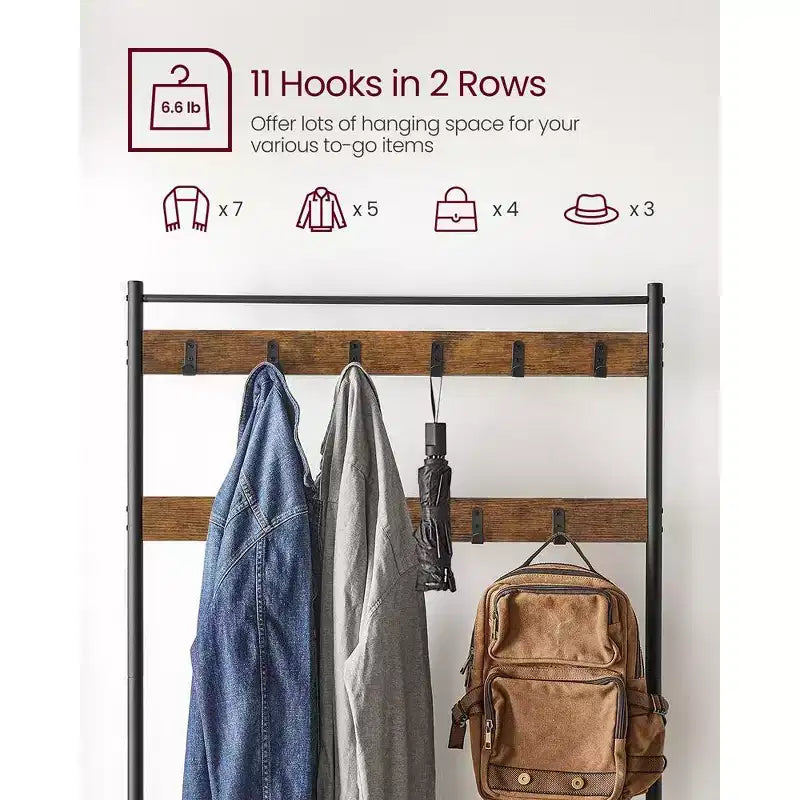 Porte-manteau, Meuble d'entrée avec banc à chaussures, Banc de rangement à chaussures, 3-en-1, Cadre en acier, Marron rustique et noir