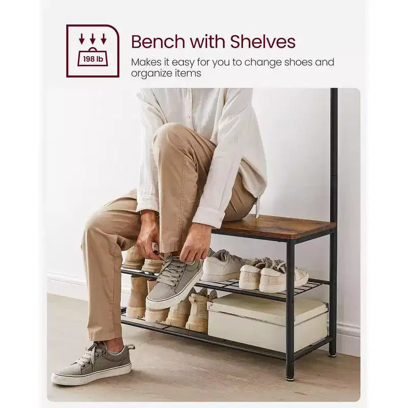 Porte-manteau, Meuble d'entrée avec banc à chaussures, Banc de rangement à chaussures, 3-en-1, Cadre en acier, Marron rustique et noir