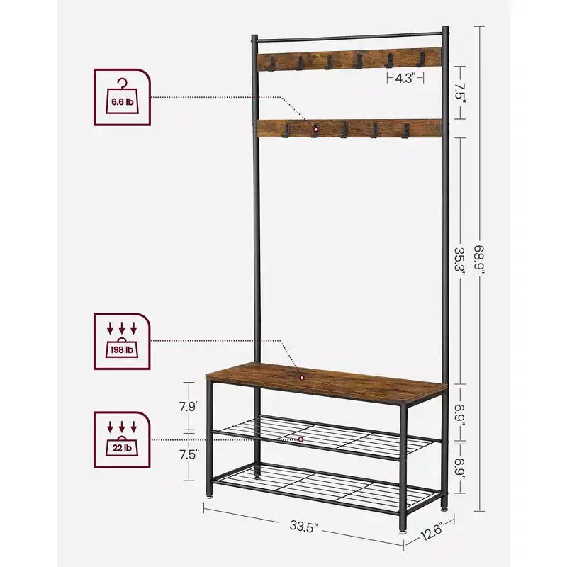 Porte-manteau, Meuble d'entrée avec banc à chaussures, Banc de rangement à chaussures, 3-en-1, Cadre en acier, Marron rustique et noir