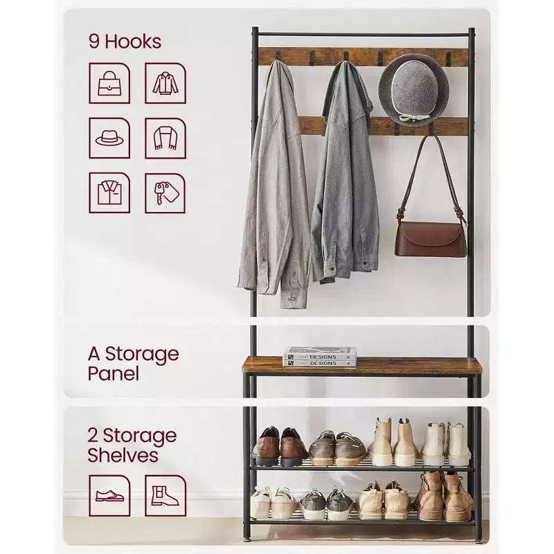 Porte-manteau, Meuble d'entrée avec banc à chaussures, Banc de rangement à chaussures, 3-en-1, Cadre en acier, Marron rustique et noir