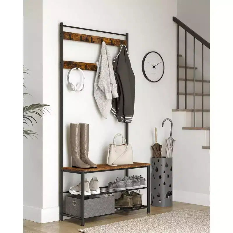 Porte-manteau, Meuble d'entrée avec banc à chaussures, Banc de rangement à chaussures, 3-en-1, Cadre en acier, Marron rustique et noir