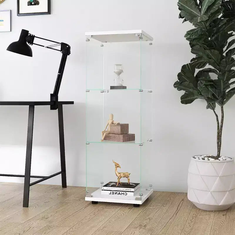 Vitrine d'exposition en verre moderne avec porte transparente, bibliothèque en verre à 3 étagères, pour salon et bureau