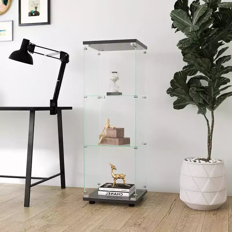 Vitrine d'exposition en verre moderne avec porte transparente, bibliothèque en verre à 3 étagères, pour salon et bureau