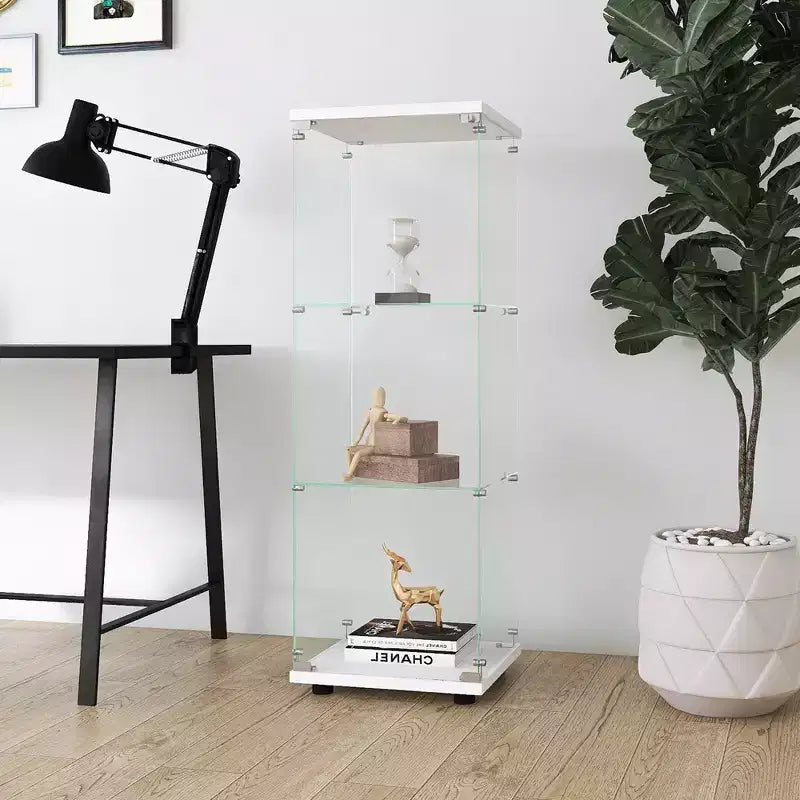 Vitrine d'exposition en verre moderne avec porte transparente, bibliothèque en verre à 3 étagères, pour salon et bureau